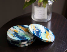 Load image into Gallery viewer, Blue and yellow abstract painted coasters