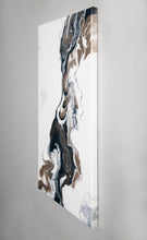 Load image into Gallery viewer, Elegant white, navy blue, and gold acrylic pour painting