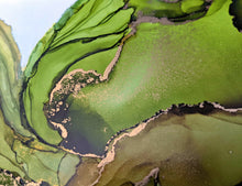 Load image into Gallery viewer, Green and gold alcohol ink original artwork