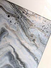 Load image into Gallery viewer, Framed metallic grey and gold acrylic pour art
