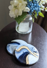 Load image into Gallery viewer, Blue, gold and white marbled coasters