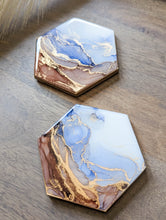 Load image into Gallery viewer, Blue and rust orange alcohol ink coasters