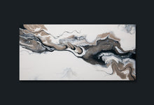 Load image into Gallery viewer, Elegant white, navy blue, and gold acrylic pour painting
