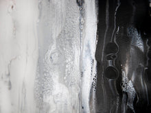 Load image into Gallery viewer, Framed black, white, silver acrylic pour painting