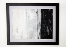 Load image into Gallery viewer, Framed black, white, silver acrylic pour painting