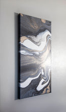 Load image into Gallery viewer, Metallic gold, white, dark gray pour art