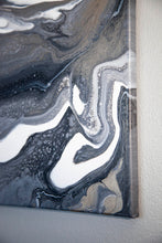 Load image into Gallery viewer, Metallic gold, white, dark gray pour art
