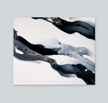 Load image into Gallery viewer, Original modern black, white, and silver acrylic pour painting