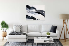 Load image into Gallery viewer, Original modern black, white, and silver acrylic pour painting