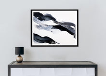 Load image into Gallery viewer, Original modern black, white, and silver acrylic pour painting