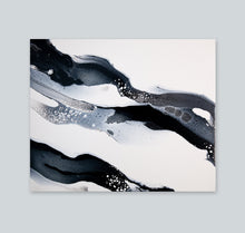 Load image into Gallery viewer, Original modern black, white, and silver acrylic pour painting