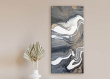 Load image into Gallery viewer, Metallic gold, white, dark gray pour art