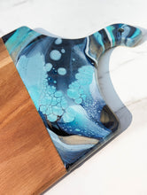Load image into Gallery viewer, Navy, teal, light blue and gold marbled charcuterie board
