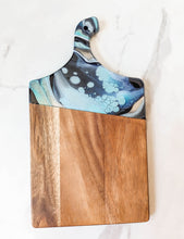 Load image into Gallery viewer, Navy, teal, light blue and gold marbled charcuterie board
