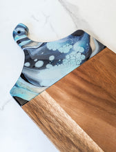 Load image into Gallery viewer, Navy, teal, light blue and gold marbled charcuterie board

