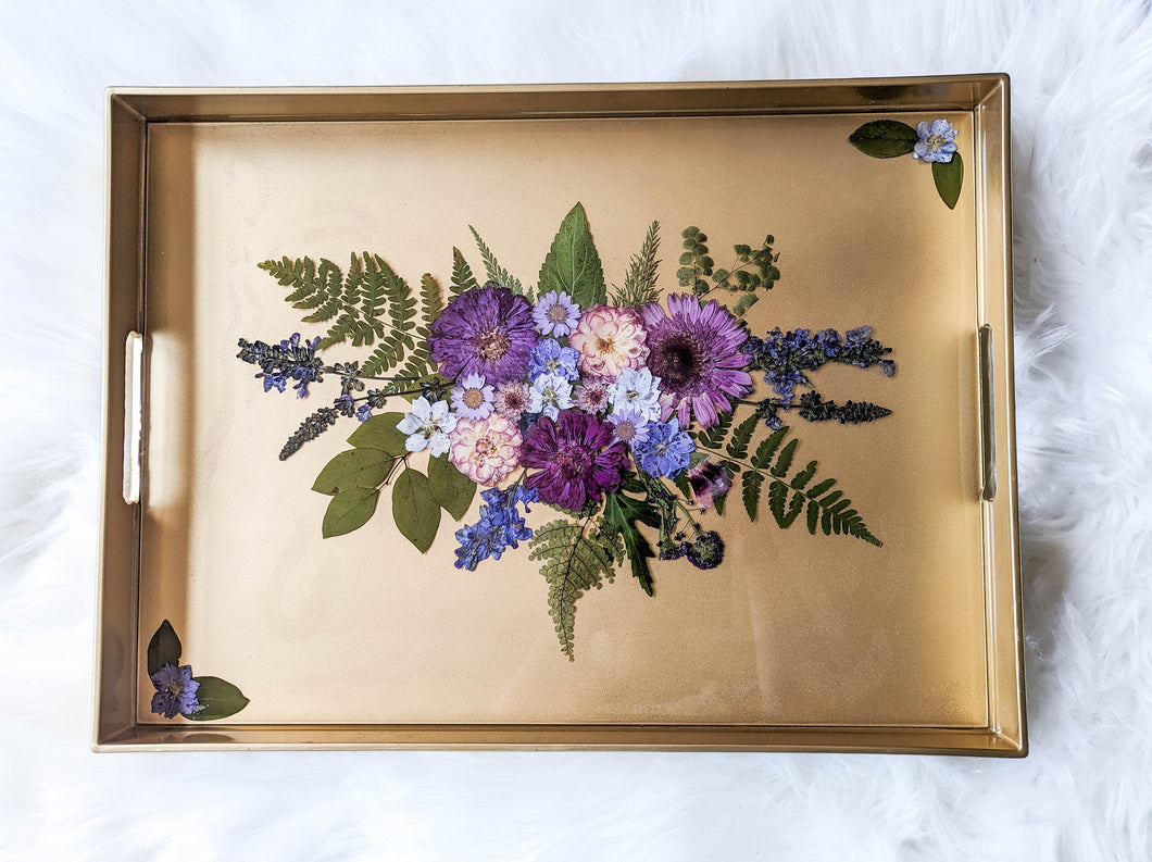 Purple flower cast gold serving tray