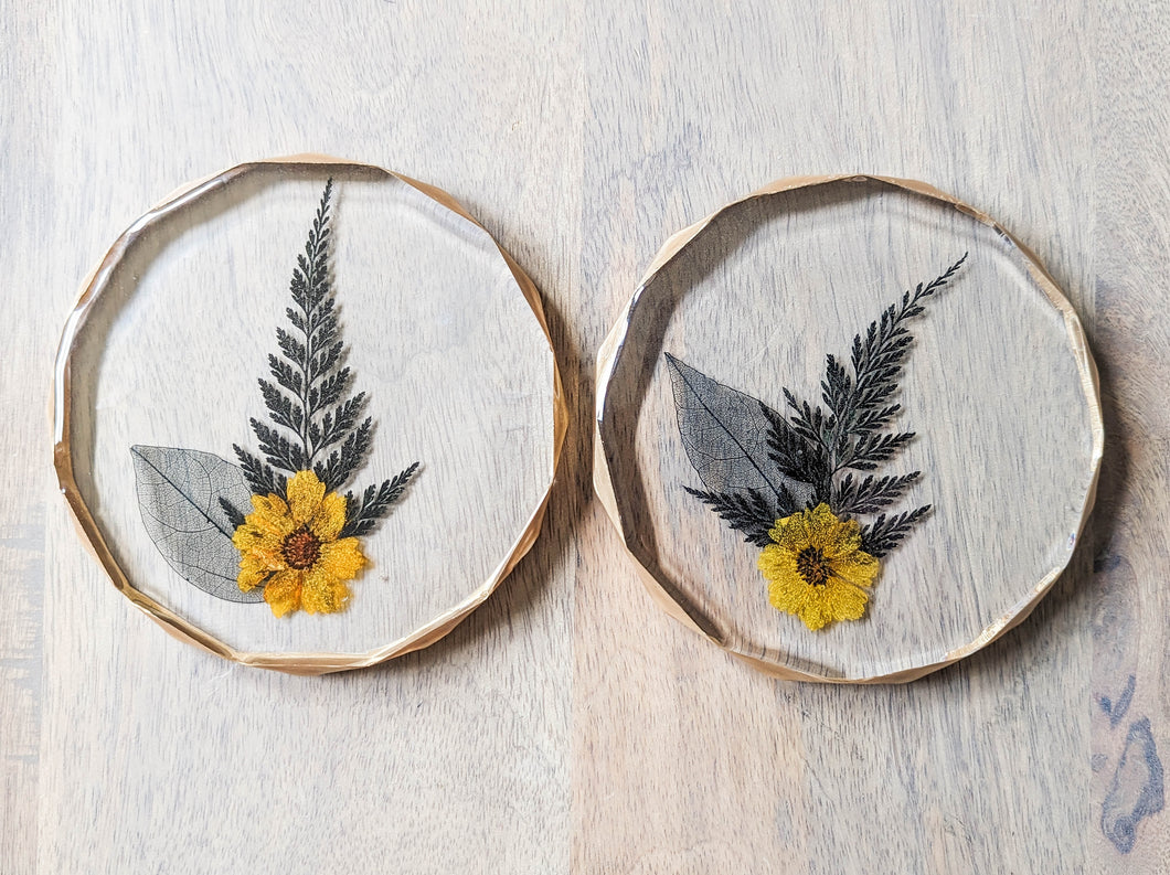 Yellow flower geometric modern resin coasters (Set of 2)
