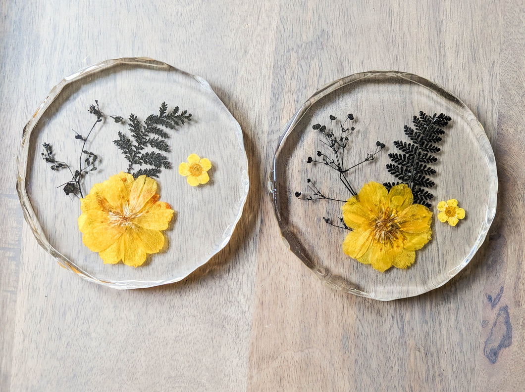 Yellow flower geometric modern resin coasters (Set of 2)