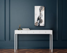Load image into Gallery viewer, Elegant white, navy blue, and gold acrylic pour painting
