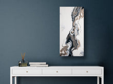 Load image into Gallery viewer, Elegant white, navy blue, and gold acrylic pour painting
