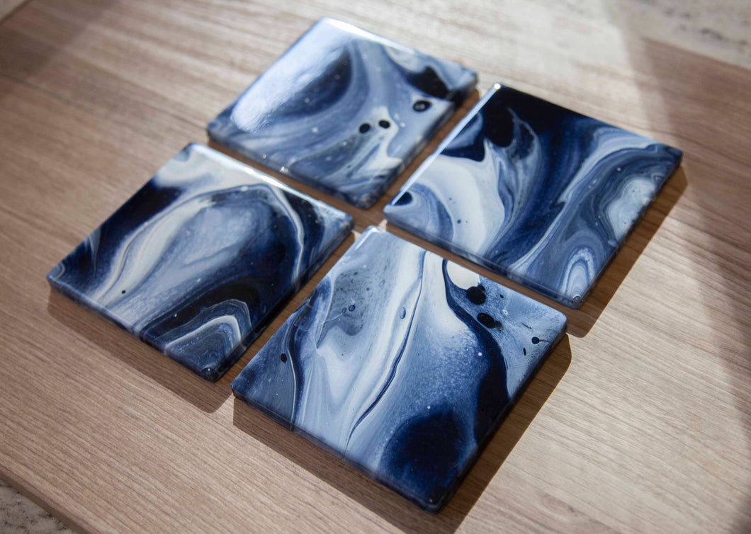 White and blue marbled coasters