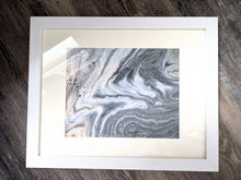 Load image into Gallery viewer, Framed metallic grey and gold acrylic pour art
