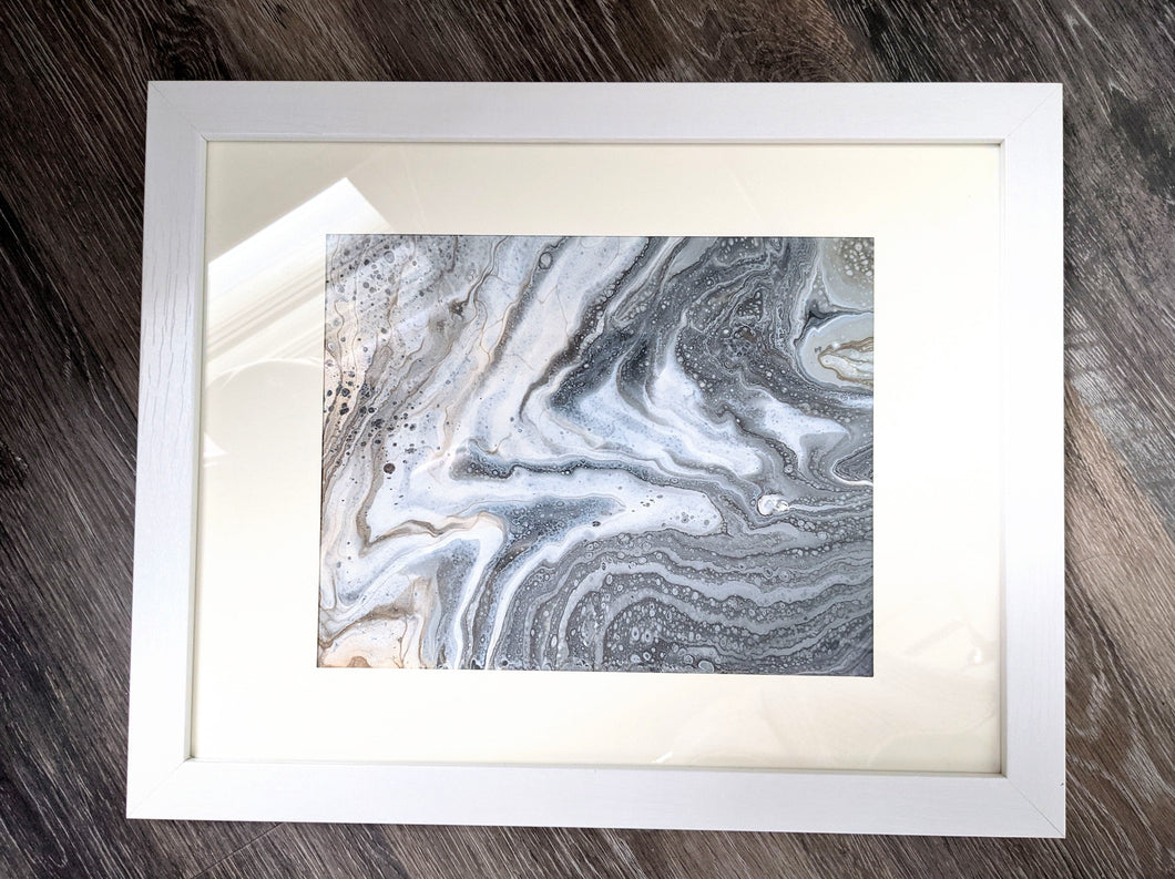 Framed metallic grey and gold acrylic pour art