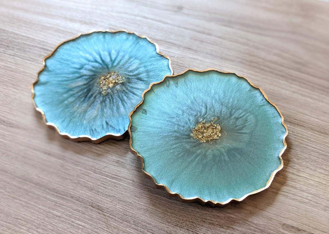 Blue and gold resin flower coasters