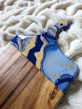 Load image into Gallery viewer, Royal blue, baby blue, and gold marbled charcuterie board
