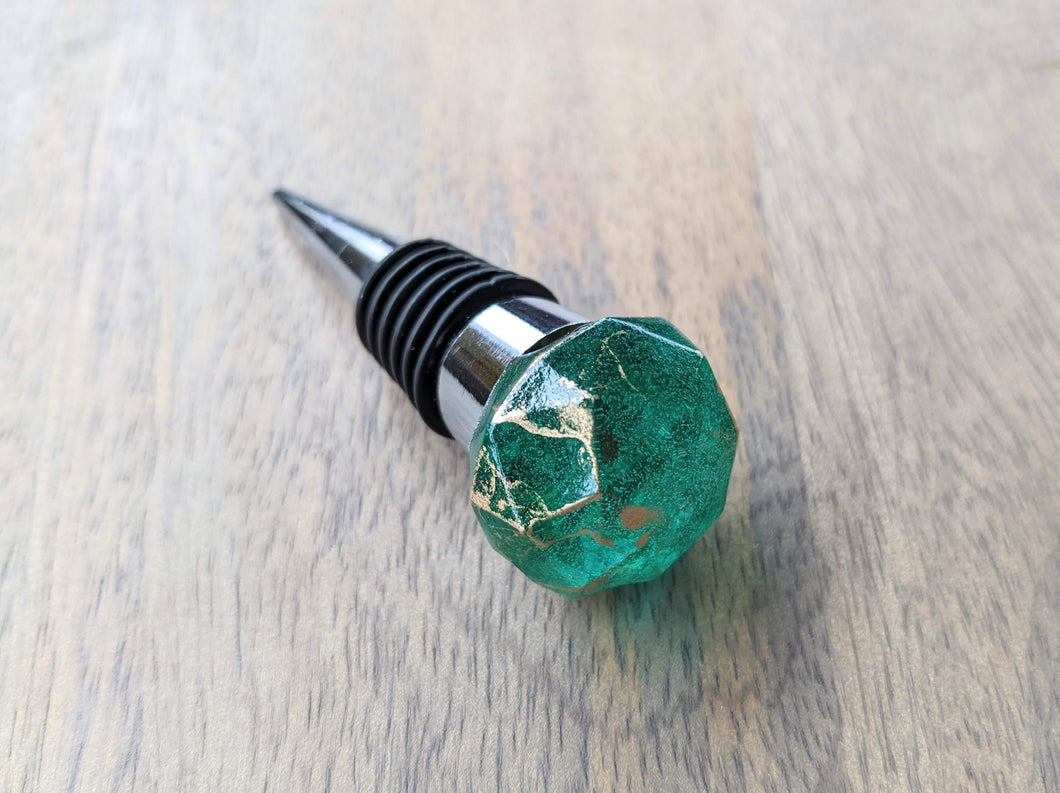 Teal and gold gem resin wine stopper