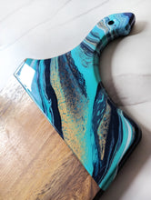 Load image into Gallery viewer, Turquoise, navy, and gold marbled charcuterie board
