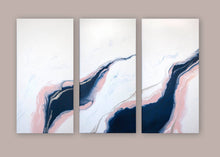 Load image into Gallery viewer, Fluid navy, pink and gold triptych pour painting
