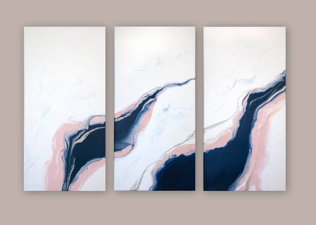 Fluid navy, pink and gold triptych pour painting