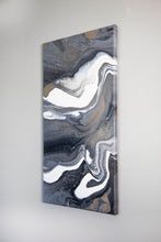 Load image into Gallery viewer, Metallic gold, white, dark gray pour art
