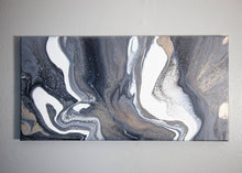 Load image into Gallery viewer, Metallic gold, white, dark gray pour art
