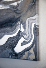 Load image into Gallery viewer, Metallic gold, white, dark gray pour art
