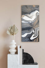 Load image into Gallery viewer, Metallic gold, white, dark gray pour art
