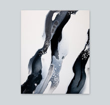 Load image into Gallery viewer, Original modern black, white, and silver acrylic pour painting
