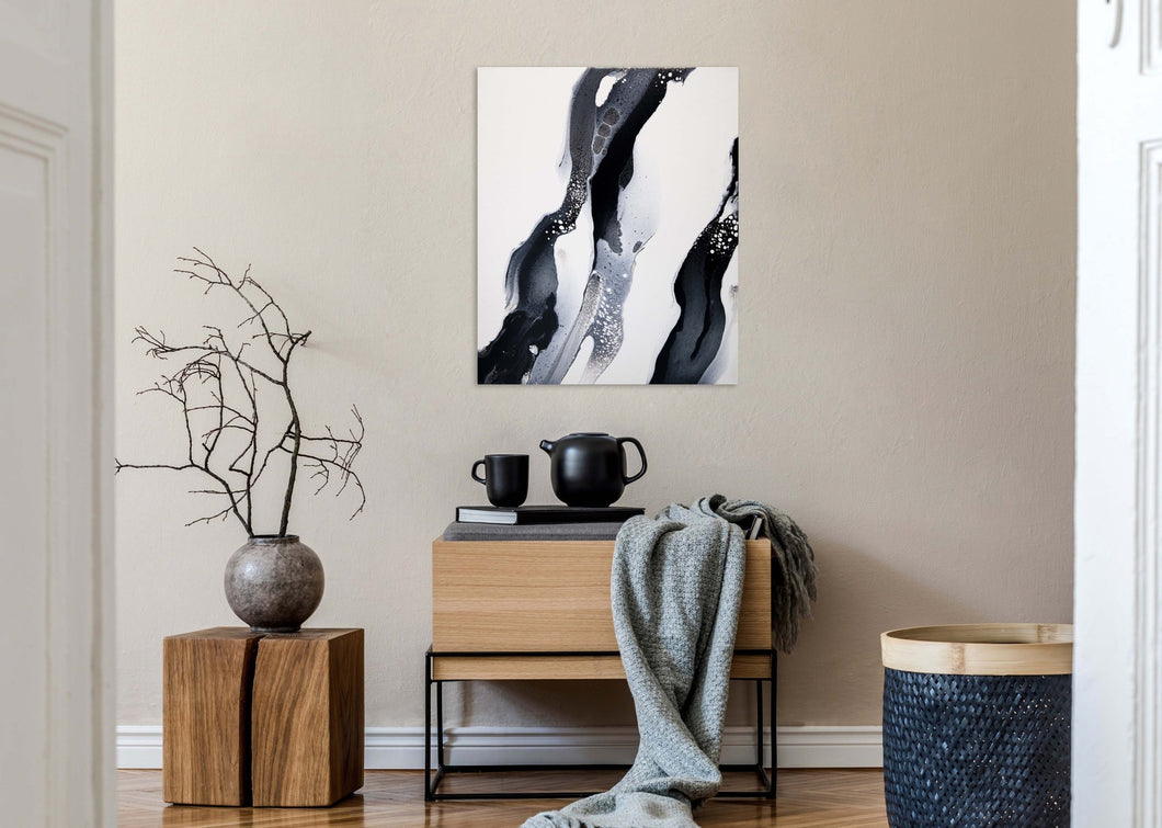 Original modern black, white, and silver acrylic pour painting