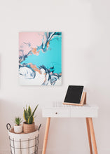 Load image into Gallery viewer, Teal, pink, white, rose gold dutch pour painting
