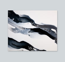 Load image into Gallery viewer, Original modern black, white, and silver acrylic pour painting
