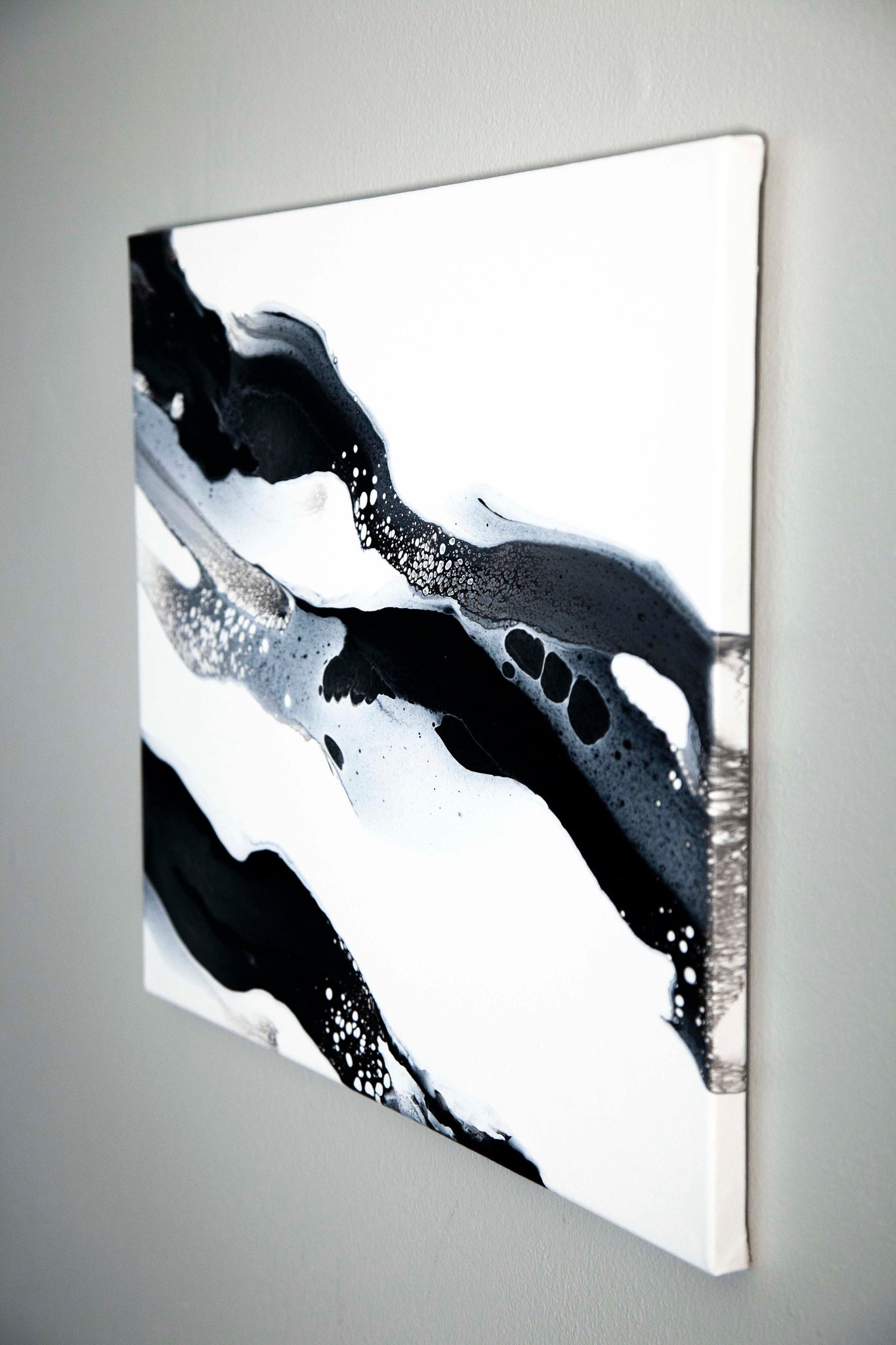 Original modern black, white, and silver acrylic pour painting