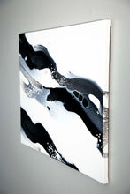 Load image into Gallery viewer, Original modern black, white, and silver acrylic pour painting
