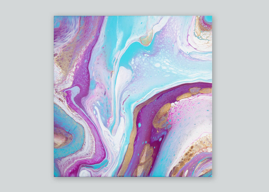 Pink, purple, teal, and gold abstract pour painting