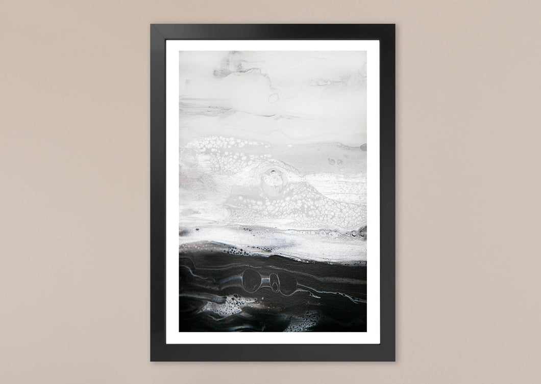 Framed black, white, silver acrylic pour painting